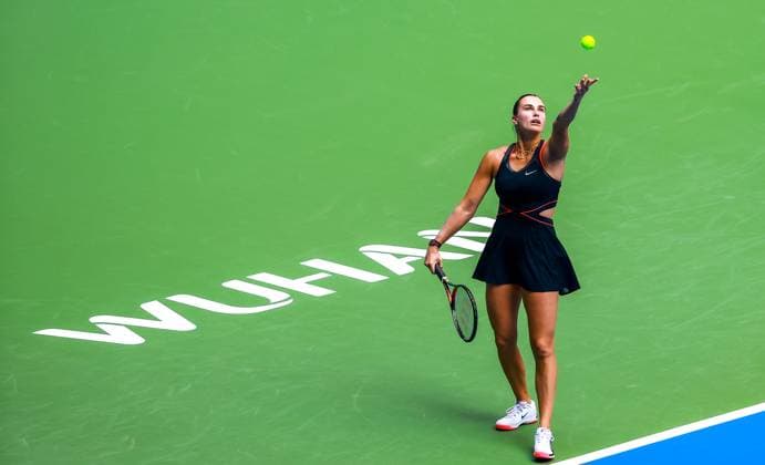 WUHAN, CHINA - OCTOBER 10: Aryna Sabalenka competes in the Women s Singles Quarterfinal match against Elena Rybakina of Kazakhstan on day 7 of 2025 Wuhan Open at Optics Valley International Tennis Center on October 10, 2025 in Wuhan, Hubei Province of China.  Copyright: xChinaxNewsxServicex 111596321003