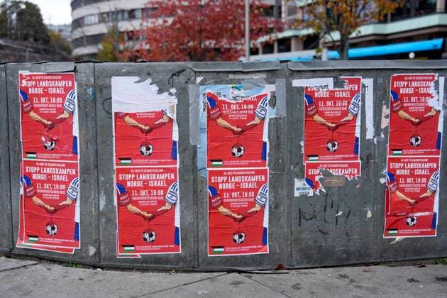 Football, World Cup qualifiers, Norway - Israel, Anti-Israeli posters in Oslo