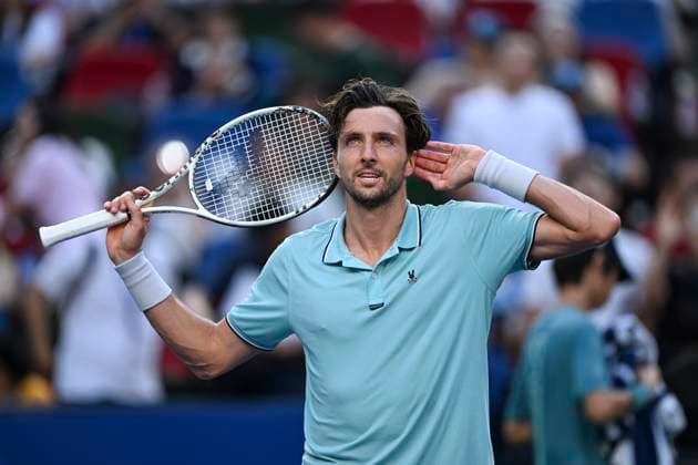 (251010) -- SHANGHAI, Oct. 10, 2025 -- Arthur Rinderknech of France reacts after defeating Felix Auger-Aliassime of Canada in the men s singles quarterfinal at the ATP, Tennis Herren World Tour Shanghai Masters tennis tournament in Shanghai, east China, Oct. 10, 2025. ) (SP)CHINA-SHANGHAI-TENNIS-ATP TOUR-SHANGHAI MASTERS-MEN S SINGLES (CN) ChenxHaoming 