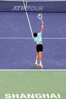 (251010) -- SHANGHAI, Oct. 10, 2025 -- Arthur Rinderknech of France serves to Felix Auger-Aliassime of Canada during the men s singles quarterfinal at the ATP, Tennis Herren World Tour Shanghai Masters tennis tournament in Shanghai, east China, Oct. 10, 2025. ) (SP)CHINA-SHANGHAI-TENNIS-ATP TOUR-SHANGHAI MASTERS-MEN S SINGLES (CN) WangxXiang 