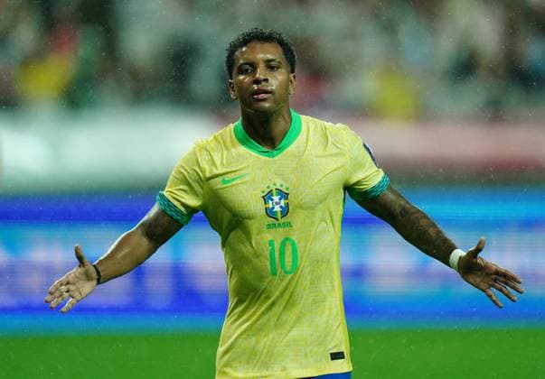 Friendly football match ( South Korea vs Brazil - 20251010 ) SEOUL, SOUTH KOREA, OCT 10: Rodrygo of Brazil National Football Team celebrates after scoring during the friendly football match match between South Korea National Football Team and Brazil National Football Team at the Seoul World Cup Stadium in Seoul, South Korea on October 10, 2025. (Editorial Use Only) Seoul the Seoul World Cup Stadium South Korea 8230_285275 Copyright: xSeokyongxLee PentaxPressx