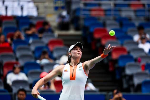 WUHAN, CHINA - OCTOBER 10: Elena Rybakina of Kazakhstan competes in the Women s Singles Quarterfinal match against Aryna Sabalenka on day 7 of 2025 Wuhan Open at Optics Valley International Tennis Center on October 10, 2025 in Wuhan, Hubei Province of China.  Copyright: xVCGx 111596355560