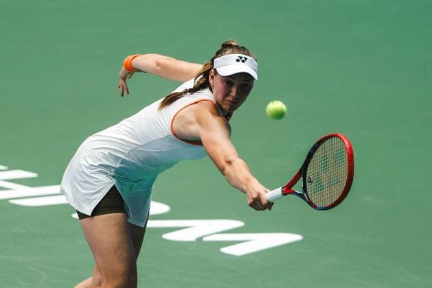 WUHAN, CHINA - OCTOBER 10: Elena Rybakina of Kazakhstan competes in the Women s Singles Quarterfinal match against Aryna Sabalenka on day 7 of 2025 Wuhan Open at Optics Valley International Tennis Center on October 10, 2025 in Wuhan, Hubei Province of China.  Copyright: xVCGx 111596355421