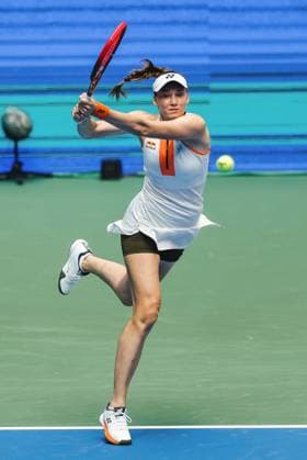 WUHAN, CHINA - OCTOBER 10: Elena Rybakina of Kazakhstan competes in the Women s Singles Quarterfinal match against Aryna Sabalenka on day 7 of 2025 Wuhan Open at Optics Valley International Tennis Center on October 10, 2025 in Wuhan, Hubei Province of China.  Copyright: xVCGx 111596355435