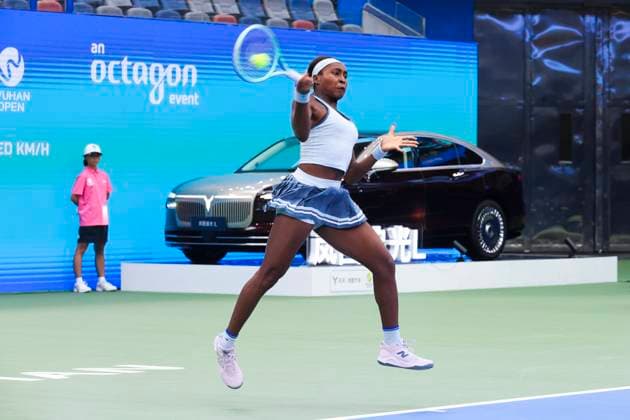 WUHAN, CHINA - OCTOBER 10: Coco Gauff of the United States competes in the Women s Singles Quarterfinal match against Laura Siegemund of Germany on day 7 of 2025 Wuhan Open at Optics Valley International Tennis Center on October 10, 2025 in Wuhan, Hubei Province of China.  Copyright: xVCGx 111596359939