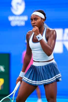 WUHAN, CHINA - OCTOBER 10: Coco Gauff of the United States reacts in the Women s Singles Quarterfinal match against Laura Siegemund of Germany on day 7 of 2025 Wuhan Open at Optics Valley International Tennis Center on October 10, 2025 in Wuhan, Hubei Province of China.  Copyright: xVCGx 111596359877
