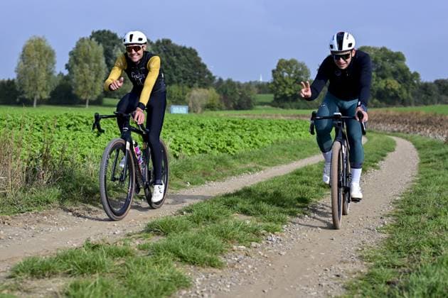 Gravel cyclists pictured during a reconnaissance on the track of this weekend s UCI World Gravel Championships, Friday 10 October 2025 in Maastricht, The Netherlands. DIRKxWAEM  x136471045x