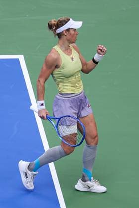 WUHAN, CHINA - OCTOBER 10: Laura Siegemund of Germany reacts in the Women s Singles Quarterfinal match against Coco Gauff of the United States on day 7 of 2025 Wuhan Open at Optics Valley International Tennis Center on October 10, 2025 in Wuhan, Hubei Province of China.  Copyright: xVCGx 111596359899