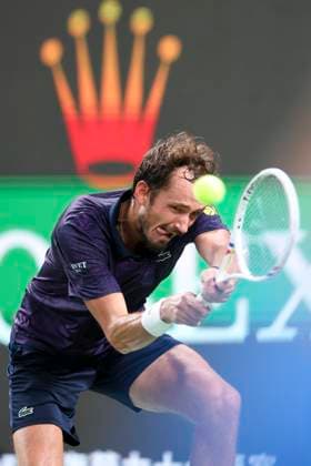 (251010) -- SHANGHAI, Oct. 10, 2025 -- Daniil Medvedev hits a return during the men s singles quarterfinal between Daniil Medvedev of Russia and Alex de Minaur of Australia at the ATP, Tennis Herren World Tour Shanghai Masters tennis tournament in Shanghai, east China, Oct. 10, 2025. ) (SP)CHINA-SHANGHAI-TENNIS-ATP TOUR-SHANGHAI MASTERS-MEN S SINGLES (CN) WangxXiang 