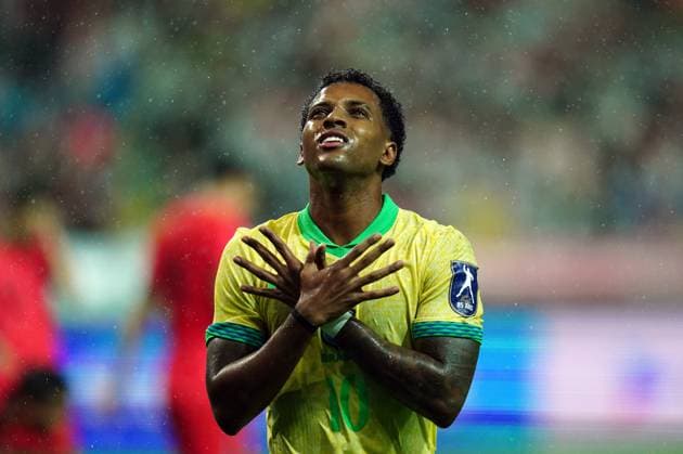 Friendly football match ( South Korea vs Brazil - 20251010 ) SEOUL, SOUTH KOREA, OCT 10: Rodrygo of Brazil National Football Team celebrates after scoring during the friendly football match match between South Korea National Football Team and Brazil National Football Team at the Seoul World Cup Stadium in Seoul, South Korea on October 10, 2025. (Editorial Use Only) Seoul the Seoul World Cup Stadium South Korea 8230_285316 Copyright: xSeokyongxLee PentaxPressx