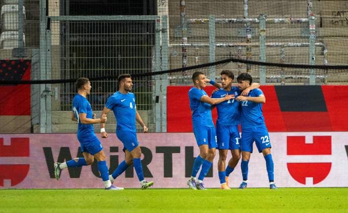 Soccer, Youth, Season 2025 26, U21, European Championship Qualification Group F 4 Matchday in Jena Germany Greece, f l Dimitrios Kaloskamis U21, Greece , Alexios Kalogeropoulos U21, Greece , Christos Alexiou U21, Greece , Charalampos Kostoulas U21, Greece , Konstantinos Kostoulas U21, Greece, cheering after scoring 0 1, 10 10 2025, Copyright: xMatthiasxKochx