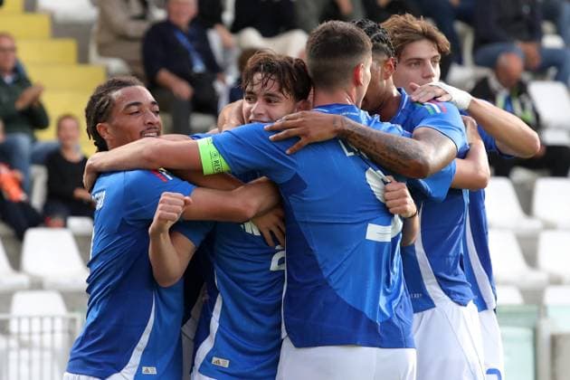 NicolÃ² Pisilli (Italy) celebrates during the UEFA qualification under 21 soccer match between Italy and Sweden at the Orogel Stadium - Dino Manuzzi, north est Italy - Friday, October 9, 2025. - Soccer .  Copyright: xFabrizioxZani LaPressex