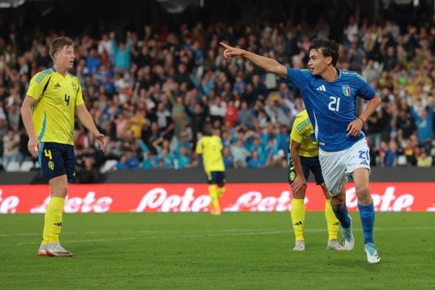 Cesena, Italy, 10th October 2025. Niccolo Pisilli of Italy celebrates after scoring to give the side a 1-0 lead during the Italy U21, U 21 vs Sweden U21 UEFA European Under-21 Championship Qualifier match at Stadio Dino Manuzzi, Cesena. Picture credit should read: Jonathan Moscrop Sportimage EDITORIAL USE ONLY. No use with unauthorised audio, video, data, fixture lists, club league logos or live services. Online in-match use limited to 120 images, no video emulation. No use in betting, games or single club league player publications. SPI_005_JM_ITALY_SWEDEN_U21Q SPI-4192-0005