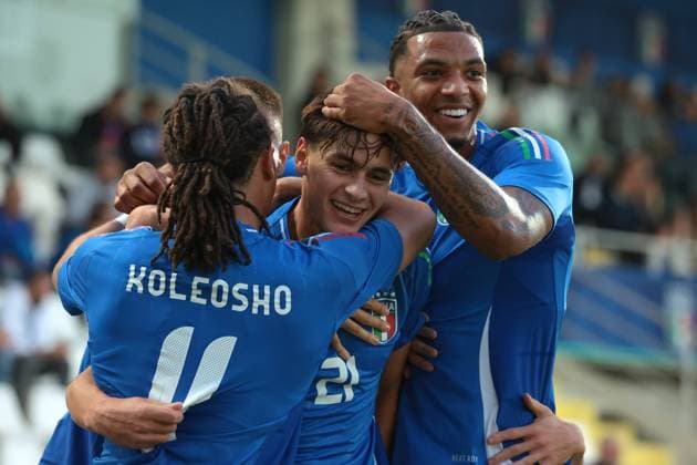 Cesena, Italy, 10th October 2025. Niccolo Pisilli of Italy celebrates with team mates Luca Koleosho and Cher Ndour after scoring to give the side a 1-0 lead during the Italy U21, U 21 vs Sweden U21 UEFA European Under-21 Championship Qualifier match at Stadio Dino Manuzzi, Cesena. Picture credit should read: Jonathan Moscrop Sportimage EDITORIAL USE ONLY. No use with unauthorised audio, video, data, fixture lists, club league logos or live services. Online in-match use limited to 120 images, no video emulation. No use in betting, games or single club league player publications. SPI_010_JM_ITALY_SWEDEN_U21Q SPI-4192-0010