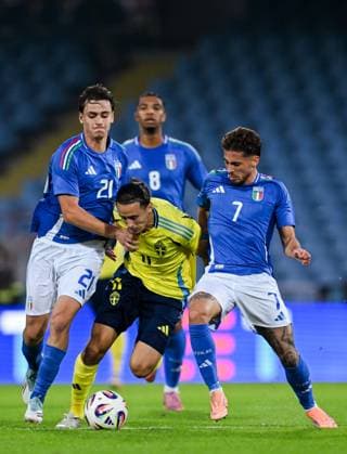 251010 Amin Boudri of Sweden against Niccolo Pisilli and Luigi Cherubini of Italy during the UEFA Under 21 qualifier football match between Italy and Sweden on October 10, 2025 in Cesena Photo Matteo Gribaudi BILDBYRAN kod XY XY0079 fotboll football soccer fotball u21 em em uefa under 21 championship european championship italien italy italia sverige sweden bbeng  Copyright: MatteoxGribaudi BB251010BB478