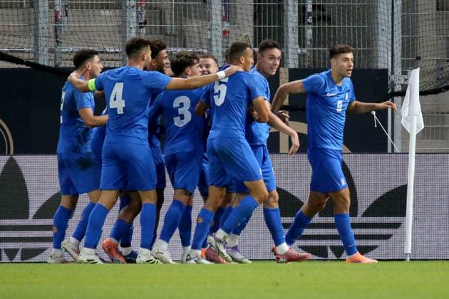 10 10 2025, xmohx, Football U 21 European Championship Qualification, Germany Greece v l Goal celebration after the goal to celebrate the goal celebrate 0 2 Stefanos Tzimas Greece U21 DFL DFB REGULATIONS PROHIBIT ANY USE OF PHOTOGRAPHS as IMAGE SEQUENCES and or QUASI VIDEO Jena