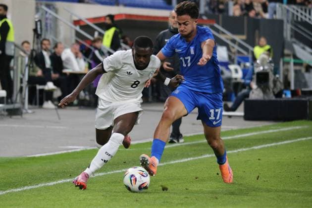 10 10 2025, xmohx, Football U 21 European Championship Qualification, Germany Greece v l Noel Aseko German National Football Team DFB U21 Charalampos Kostoulas Greece U21 duel, action, action, battle for the ball DFL DFB REGULATIONS PROHIBIT ANY USE OF PHOTOGRAPHS as IMAGE SEQUENCES and or QUASI VIDEO Jena