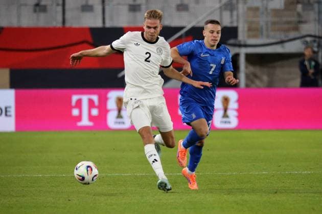 10 10 2025, xmohx, Football U 21 European Championship Qualification, Germany Greece v l Leandro Morgalla German National Football Team DFB U21 Stavros Pnevmonidis Greece U21 duel, action, action, battle for the ball DFL DFB REGULATIONS PROHIBIT ANY USE OF PHOTOGRAPHS as IMAGE SEQUENCES and or QUASI VIDEO Jena