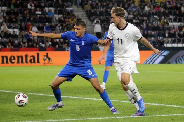 10 10 2025, xmohx, Football U 21 European Championship Qualification, Germany Greece v l Christos Alexiou Greece U21 Nelson Weiper German National Football Team DFB U21 duel, action, action, battle for the ball DFL DFB REGULATIONS PROHIBIT ANY USE OF PHOTOGRAPHS as IMAGE SEQUENCES and or QUASI VIDEO Jena