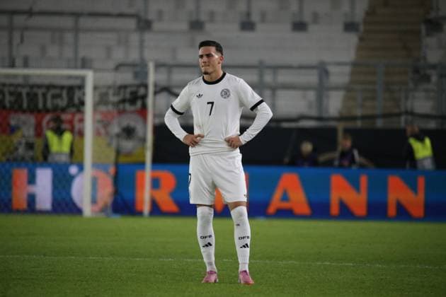 10 10 2025, xmohx, Football U 21 European Championship Qualification, Germany Greece v l Said El Mala German National Football Team DFB U21 Disappointed, sad, frustrated DFL DFB REGULATIONS PROHIBIT ANY USE OF PHOTOGRAPHS as IMAGE SEQUENCES and or QUASI VIDEO Jena