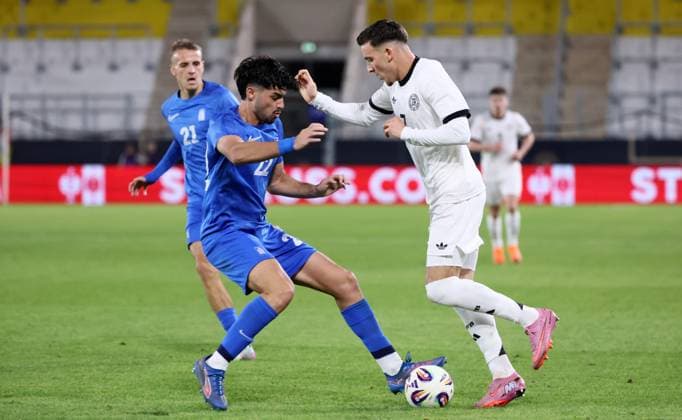Germany Greece U21 European Championship Qualification Jena, 10 10 2025, Ernst Abbe Sportfeld, Soccer, International Match , U 21 Junior European Championship Qualification , Germany vs Greece , In the picture from left Konstantinos Kostoulas 22, Greece , Said El Mala 7, Germany , For journalistic use only DFB UEFA regulations prohibit any use of photographs as image sequences and or quasi video , Picture Point