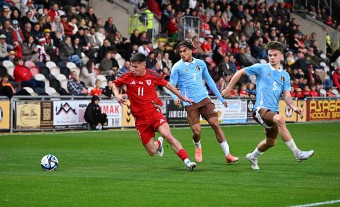 10th October 2025; Rodney Parade, Newport, Wales; Under 21 Euros Qualifying Football, Wales versus Belgium; Matteo Dams and Diego Moreira of Belgium pressure Cameron Congreve of Wales  AledxHopkins
