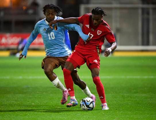 10th October 2025; Rodney Parade, Newport, Wales; Under 21 Euros Qualifying Football, Wales versus Belgium; Samuel Mbangula of Belgium tackles Tanatswa Nyakuhwa of Wales  AledxHopkins
