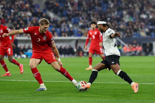in duel, action, with Enes Mahmutovic 3 Luxembourg , Serge Gnabry 20 Germany , Germany vs. Luxembourg, Soccer, World Cup Qualification, 10 10 2025 Sinsheim Baden Wuerttemberg Germany Copyright: xkolbert-press ChristianxKolbertx