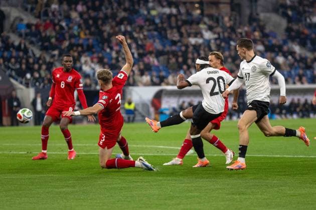 Serge Gnabry GER goal is disallowed after the VAR final decision, Enes Mahmutovic LUX , Mathias Olesen LUX and Florian Wirtz GER xettx, Germany, Sinsheim, 10 10 2025, Football, National team, World Cup Qualification Europe Germany vs Luxembourg, Season 2025 2026, Matchday 7, PreZerro Arena
