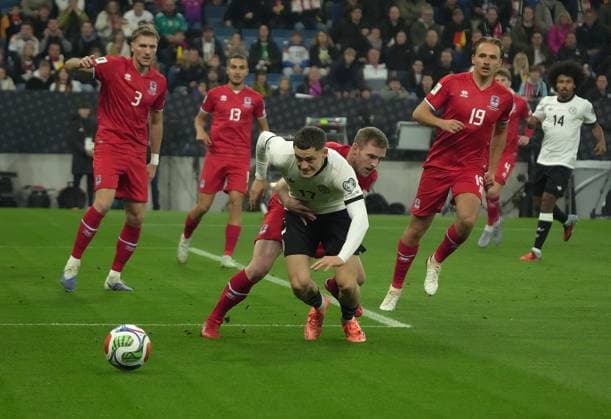 GER, World Cup Qualification, Germany vs. Luxembourg 10 10 2025, PreZero Arena, Sinsheim, GER, World Cup Qualification, Germany vs. Luxembourg , pictured Laurent Jans Luxembourg , Florian Wirtz Germany nordphotoxGmbHx xBratic nph00250