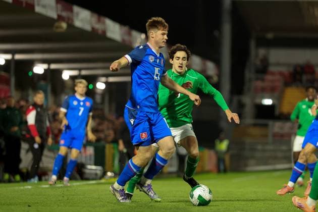 2027 UEFA Under 21 European Championship, EM, Europameisterschaft Qualifier, Turner™s Cross, Cork 10 10 2025 Republic of Ireland vs Slovakia Slovakia s Daniel Danihel and Jad Hakiki of Ireland Daniel Danihel and Jad Hakiki 10 10 2025  Copyright: x INPHO BryanxKeanex 0S2A4020 copy