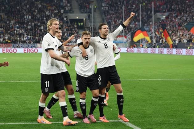 Goal celebration of Joshua Kimmich 6 Germany to 2 0 by penalty kick, Nick Woltemade 11 Germany , Leon Goretzka 8 Germany , Germany vs. Luxembourg, Football, World Cup Qualification, 10 10 2025 Sinsheim Baden Wuerttemberg Germany Copyright: xkolbert-press ChristianxKolbertx
