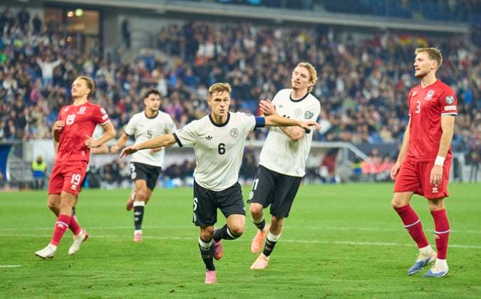 Joshua Kimmich of Germany celebrates his her goal, happy, laugh, celebration, 2-0 in the FIFA World Cup, WM, Weltmeisterschaft, Fussball 2026 qualifier match GERMANY - LUXEMBURG in Season 2025 2026 at October 10, 2025 in Sinsheim, Germany.