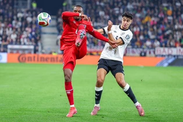 10 10 2025, Football, International match, Germany Luxembourg, UEFA World Cup Qualification, 2025 2026, Group A, PreZero Arena in Sinsheim Christopher Martins LUX 08 in duel against Aleksandar PavloviÄ‡ GER 05 DFB regulations prohibit any use of photographs as image sequences and or quasi video Baden Württemberg Germany