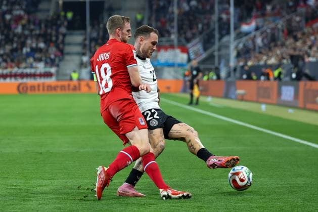 in duel, action, with Laurent Jans 18 Luxembourg , David Raum 22 Germany , Germany vs. Luxembourg, Soccer, World Cup Qualification, 10 10 2025 Sinsheim Baden Wuerttemberg Germany Copyright: xkolbert-press ChristianxKolbertx