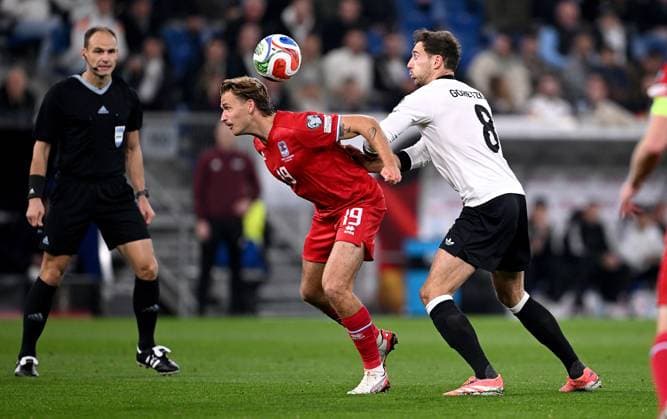 Football International Qualification World Cup 2026 in Sinsheim Group A 3 Matchday Germany Luxenburg 10 10 2025 Mathias Olesen left, Luxenburg v Leon Goretzka right, Germany