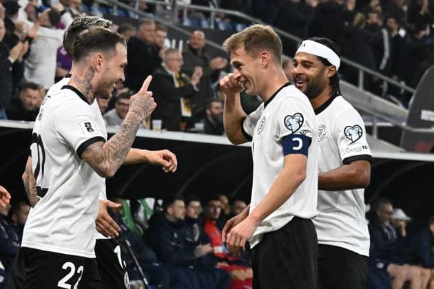 10 10 2025, xsltx, Football World Cup Qualification 2026, Germany Luxembourg v l Goal celebration after the goal to celebrate the goal celebrate 1 0 by David Raum German National Football Team DFB DFL DFB REGULATIONS PROHIBIT ANY USE OF PHOTOGRAPHS as IMAGE SEQUENCES and or QUASI VIDEO Sinsheim