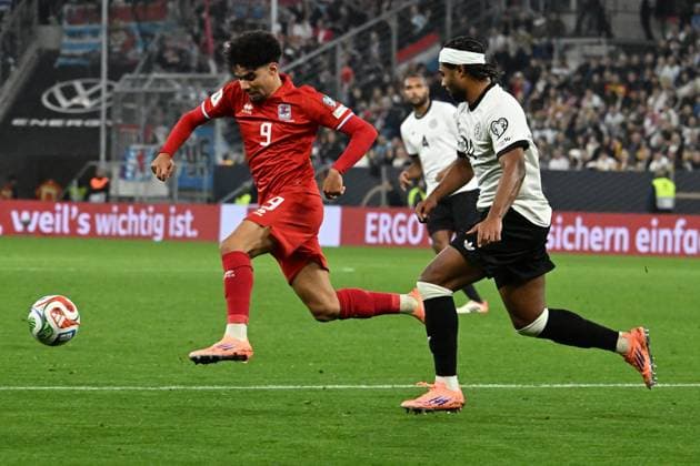 10 10 2025, xsltx, Football World Cup Qualification 2026, Germany Luxembourg v l Aiman Dardari Luxembourg Serge Gnabry German National Football Team DFB Zweikampf, action, action, battle for the ball DFL DFB REGULATIONS PROHIBIT ANY USE OF PHOTOGRAPHS as IMAGE SEQUENCES and or QUASI VIDEO Sinsheim