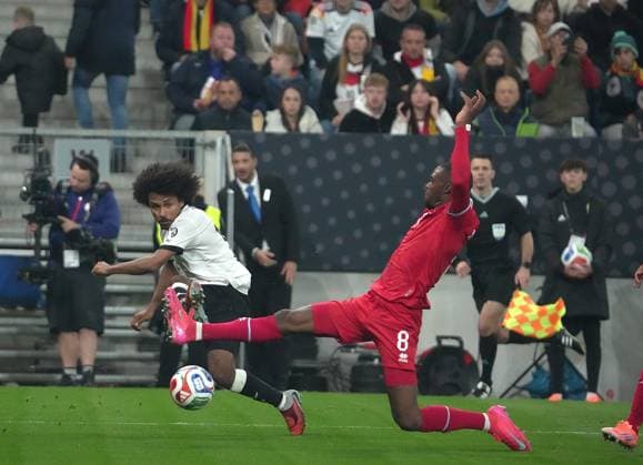 GER, World Cup Qualification, Germany vs. Luxembourg 10 10 2025, PreZero Arena, Sinsheim, GER, World Cup Qualification, Germany vs. Luxembourg , pictured Karim Adeyemi Germany , Christopher Martins Luxembourg nordphotoxGmbHx xBratic nph00250