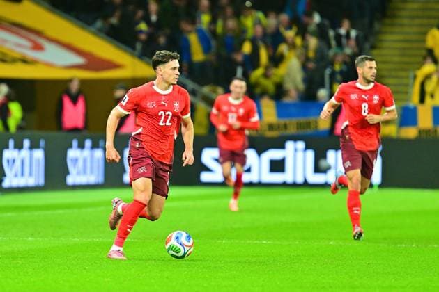Strawberry Arena, Solna, Sweden, Oct 10th 2025: Fabian Rieder (22 Switzerland) in the FIFA World Cup, WM, Weltmeisterschaft, Fussball Qualifiers game on October 10th 2025 between Sweden and Switzerland at Strawberry Arena in Solna, Sweden (Peter Sonander SPP) Copyright: xPeterxSonander SPPx Sportspressphoto_SPR40753