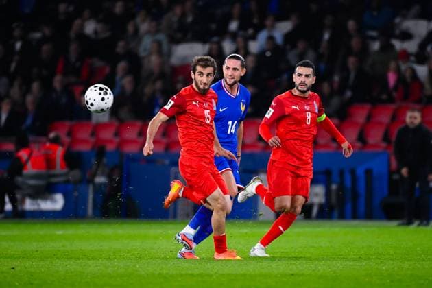 FOOTBALL : France vs Azerbaidjan - Paris - 10 10 2025 Abdulakh Khaibulaev ( 15 - Azerbaijan ) , Adrien Rabiot ( 14 - France ) and Emin Makhmudov ( 8 - Azerbaijan ) during the European Qualifying round match between France and Azerbaijan at Parc des Princes on October 10, 2025 in Paris, France. ( Photo by Federico Pestellini PsnewZ ) - Parc des PrincesFrance  Copyright: xFedericoxPestellinix