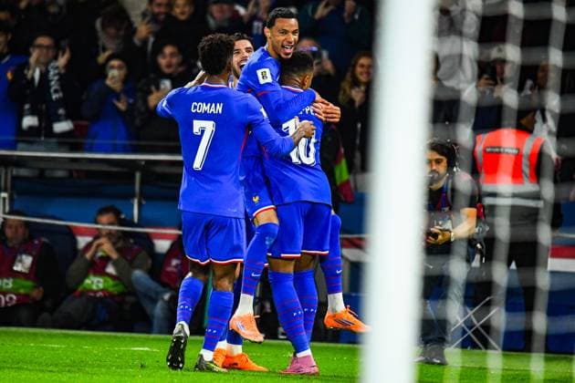 FOOTBALL : France vs AzerbaÃ¯djan - Qualification Coupe du Monde 2026 - JournÃ e 3 - 10 10 2025 Joie des joueurs de l™Equipe de France apres le but de Kylian MbappÃ (France) ParisFrance  Copyright: xLaptistex