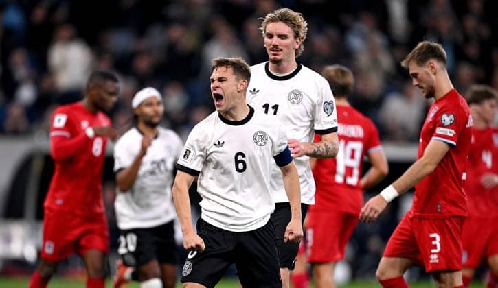 Soccer International Qualification World Cup 2026 in Sinsheim Group A 3 Matchday Germany Luxenburg 10 10 2025 Germany celebrating after the penalty goal to 2 0, from left, goal scorer Joshua Kimmich with Nick Woltemade