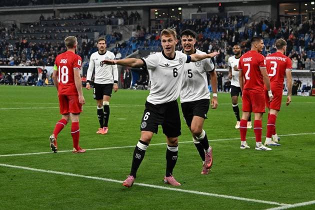 10 10 2025, xsltx, Football World Cup Qualification 2026, Germany Luxembourg v l Goal celebration after the goal to celebrate the goal celebrate 4 0 by Joshua Kimmich German National Football Team DFB DFL DFB REGULATIONS PROHIBIT ANY USE OF PHOTOGRAPHS as IMAGE SEQUENCES and or QUASI VIDEO Sinsheim