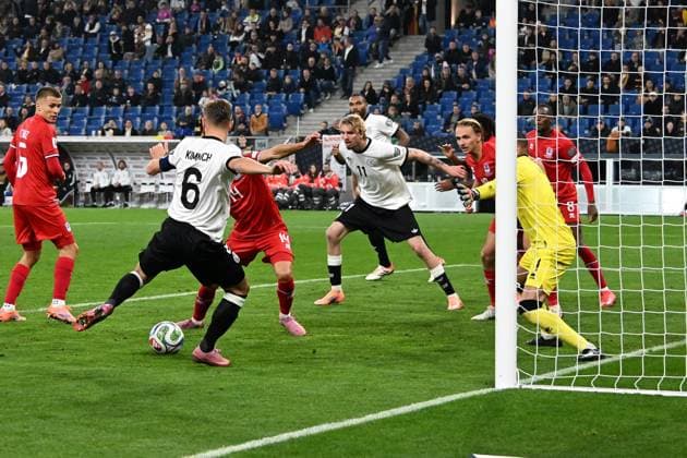 10 10 2025, xsltx, football world cup qualification 2026, Germany Luxembourg v l Joshua Kimmich German national football team DFB Torschuetze, scores the goal, Treffer, scores the goal 4 0 Anthony Moris Luxembourg DFL DFB REGULATIONS PROHIBIT ANY USE OF PHOTOGRAPHS as IMAGE SEQUENCES and or QUASI VIDEO Sinsheim