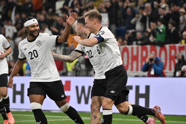 Cheers 4 0 v li , Serge Gnabry Germany , David Raum Germany , Joshua Kimmich Germany 10 10 2025, FIFA World Cup Qualification Europe 2025 26, 7 Matchday Germany Luxembourg Sinsheim PreZero Arena Nordrhein Westfalen Germany Team2