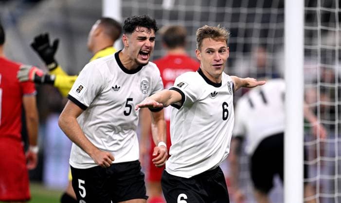 Soccer International Qualification World Cup 2026 in Sinsheim Group A 3 Matchday Germany Luxenburg 10 10 2025 Germany celebrating after the goal to 4 0, from left , Aleksandar Pavlovic , goal scorer Joshua Kimmich