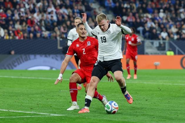 l r in duel, action, with Seid Korac 2 Luxembourg , Jonathan Burkardt 19 Germany , Germany vs. Luxembourg, Soccer, World Cup Qualification, 10 10 2025 Sinsheim Baden Wuerttemberg Germany Copyright: xkolbert-press ChristianxKolbertx