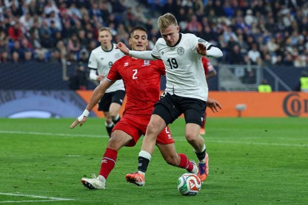 l r in duel, action, with Seid Korac 2 Luxembourg , Jonathan Burkardt 19 Germany , Germany vs. Luxembourg, Soccer, World Cup Qualification, 10 10 2025 Sinsheim Baden Wuerttemberg Germany Copyright: xkolbert-press ChristianxKolbertx