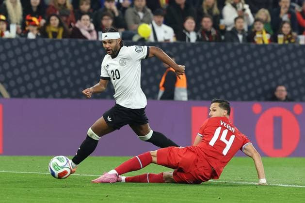 in duel, action, with Serge Gnabry 20 Germany , Eric Veiga 14 Luxembourg , Germany vs Luxembourg, Soccer, World Cup Qualification, 10 10 2025 Sinsheim Baden Wuerttemberg Germany Copyright: xkolbert-press ChristianxKolbertx
